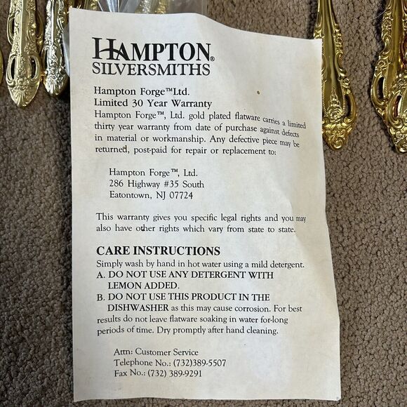 Hampton Forge Limited Silversmiths 24K GOLD PLATED67 Piece FLATWARE Set Serves - Picture 8 of 8